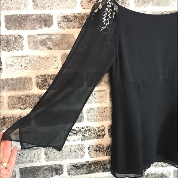 Ann Taylor 100% Silk Chiffon Embroidered 3/4 Sleeve Blouse Black Size 2 - Picture 5 of 10